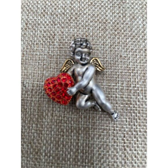 Valentines Bundle of 2 Brooches Silver Angel and Red Clay Heart - Picture 3 of 7